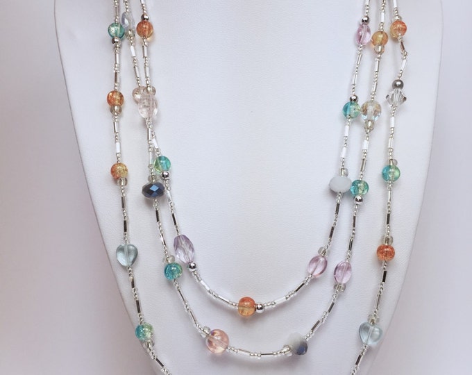 Multicolored necklace, color necklace, triple strand necklace, crystal necklace, beaded necklace, summer necklace