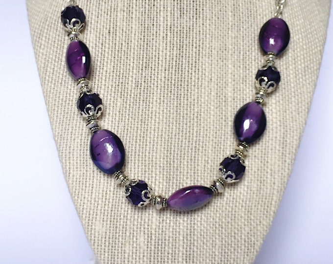 Purple glass beaded necklace, mulberry necklace, dark purple glass necklace, deep purple jewelry, purple jewelry