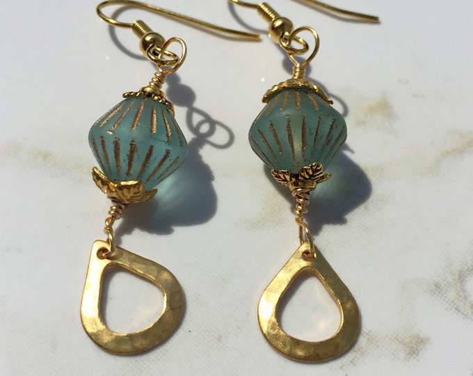 Light blue earrings, Light blue Czech gold earrings. long light blue Czech jewelry