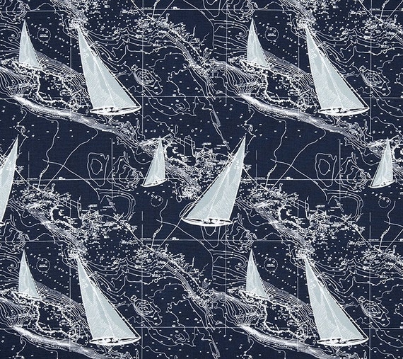 Coastal Maps & Ships Fabric Navy Blue Aqua Blue by CottonCircle