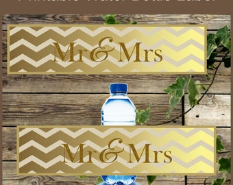 Gold Wedding Water Bottle Labels, Chevron Elegant Gold Wedding Labels for Bottles, Instant Downlowd, Mr and Mrs Gold Labels