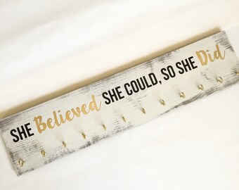 NEW SIZE: Girls medal holder, award holder, ribbon display, she believed she could so she did, gymnastics