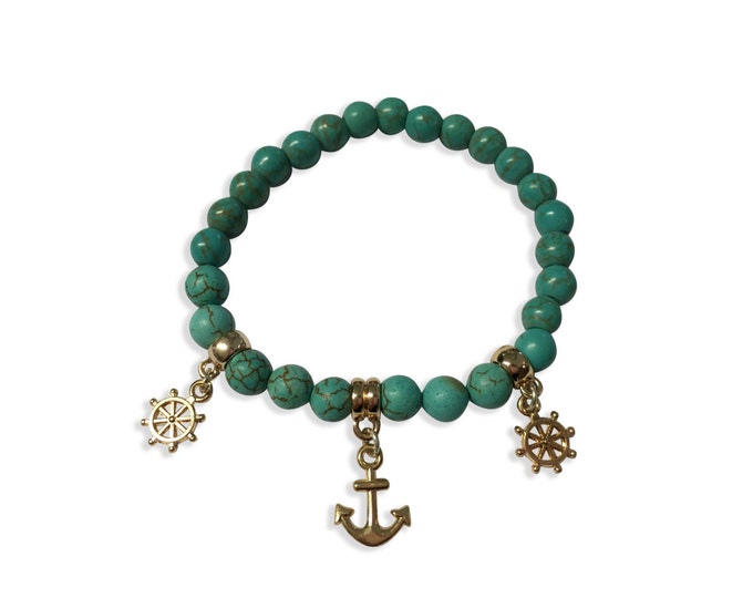 Turquoise Bracelet, Ship Steering Bracelet, Anchor Bracelet, Turquoise Cuff Bracelet with Anchor and Ship Steering