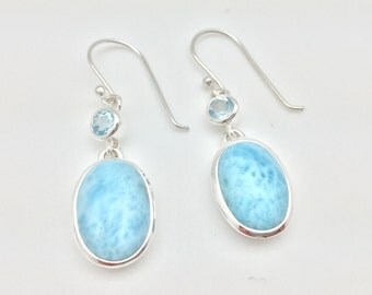 Larimar Blue Topaz Earrings // 925 Sterling Silver // Oval Setting // Hook Wires // Baby Blue Larimar Earrings // Oval Larimar Earrings
