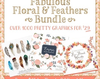 Fabulous Floral & Feathers Clipart Digital Paper Bundle - Flowers clipart, feathers clipart, graphic bundle, clipart bundle, vectors