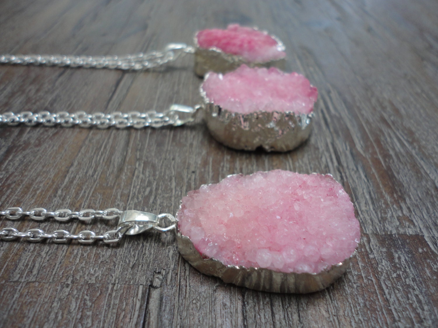 Pink Druzy Agate Pendant Silver Necklace/ Agate/Silver Surround/Silver Chain/Light Pink