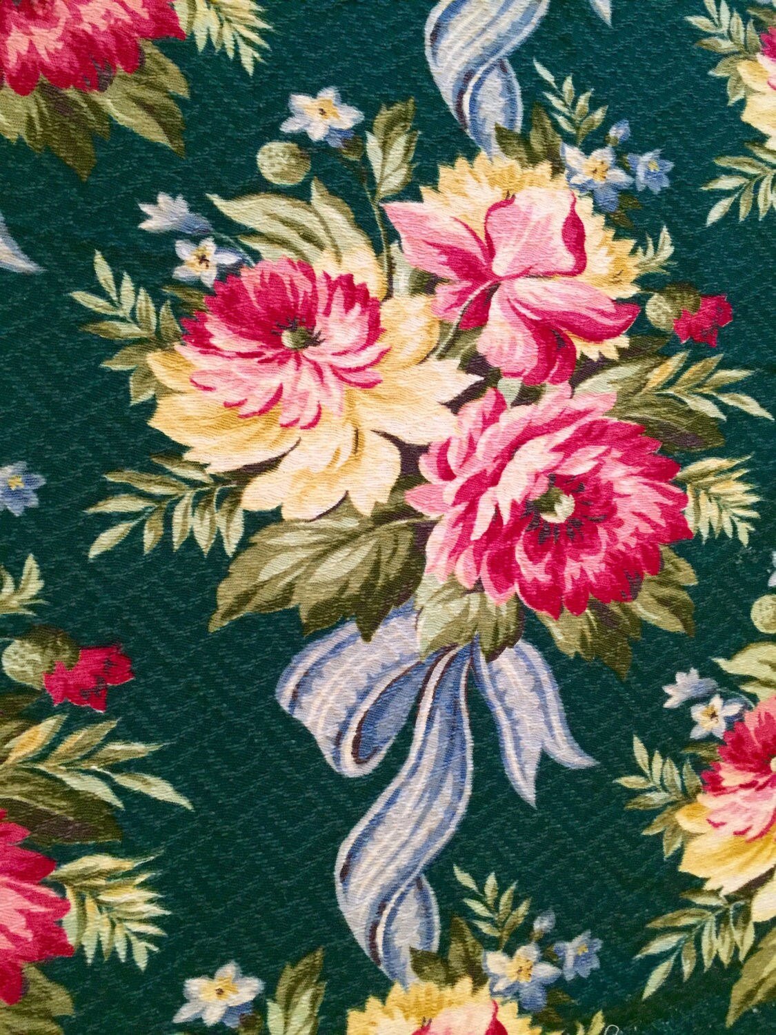 Vintage Barkcloth Floral Fabric 1940's Pink Yellow Green