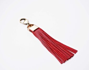Red Genuine Leather and Brass Tassel Keychain