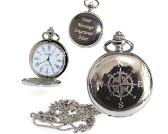 Compass Pocket Watch Roman Numerals Gift for Best Man, Usher, Groom, Custom Engraved Birthday, Wedding or Anniversary Gift for Him