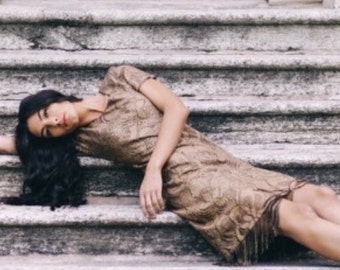 Vintage 70's Gold Metallic fringed Dress