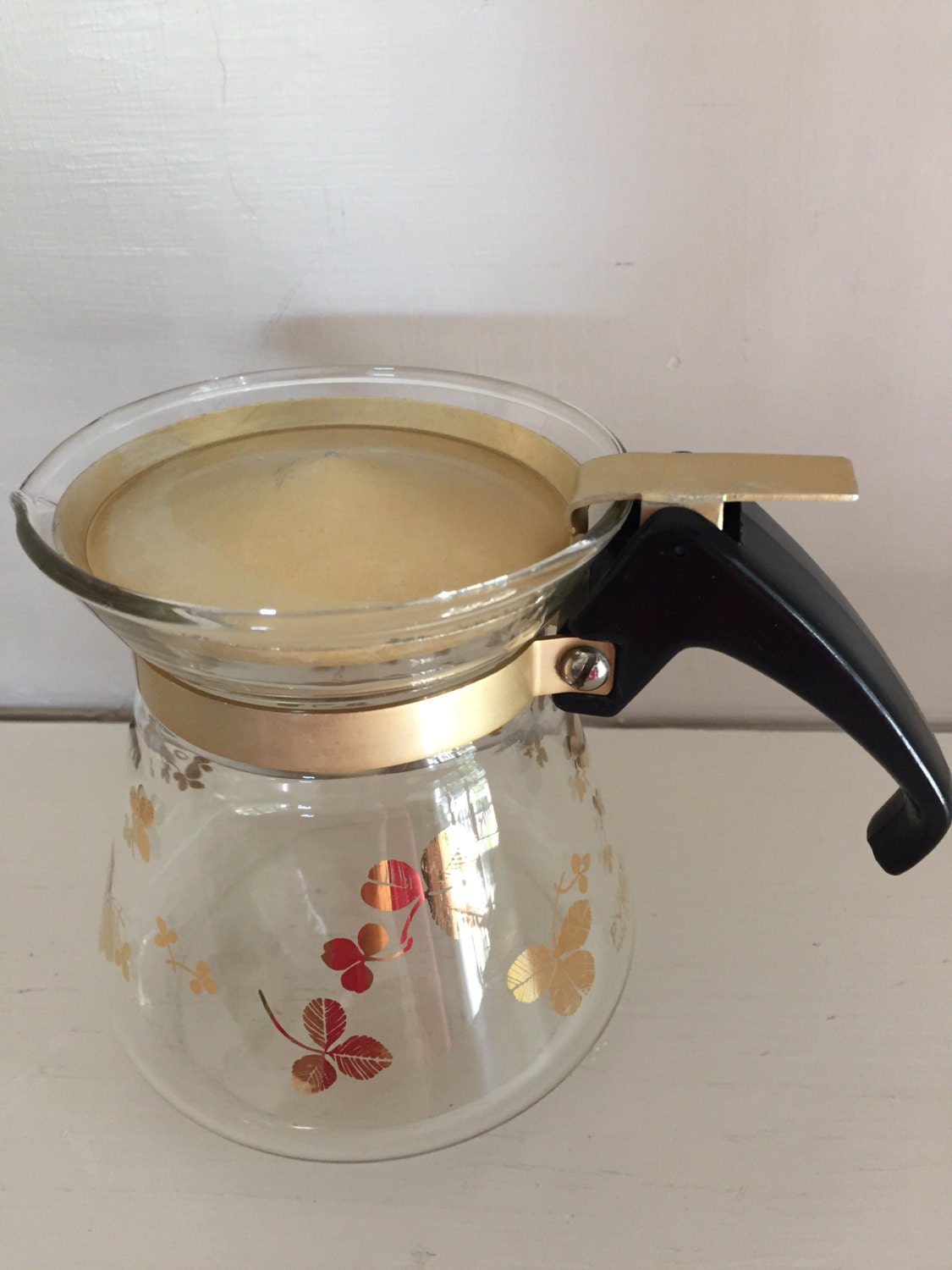 Vintage Pyrex Carafe, Golden Shamrock Carafe with gold lid, Pyrex glass Pitcher, collectible