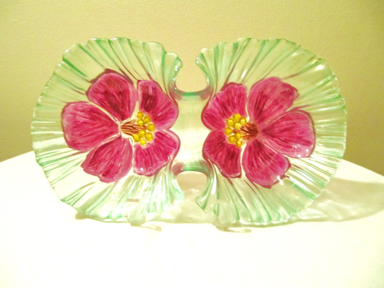 vintage glass garden art plate flower glass art by ADelicateTouch1
