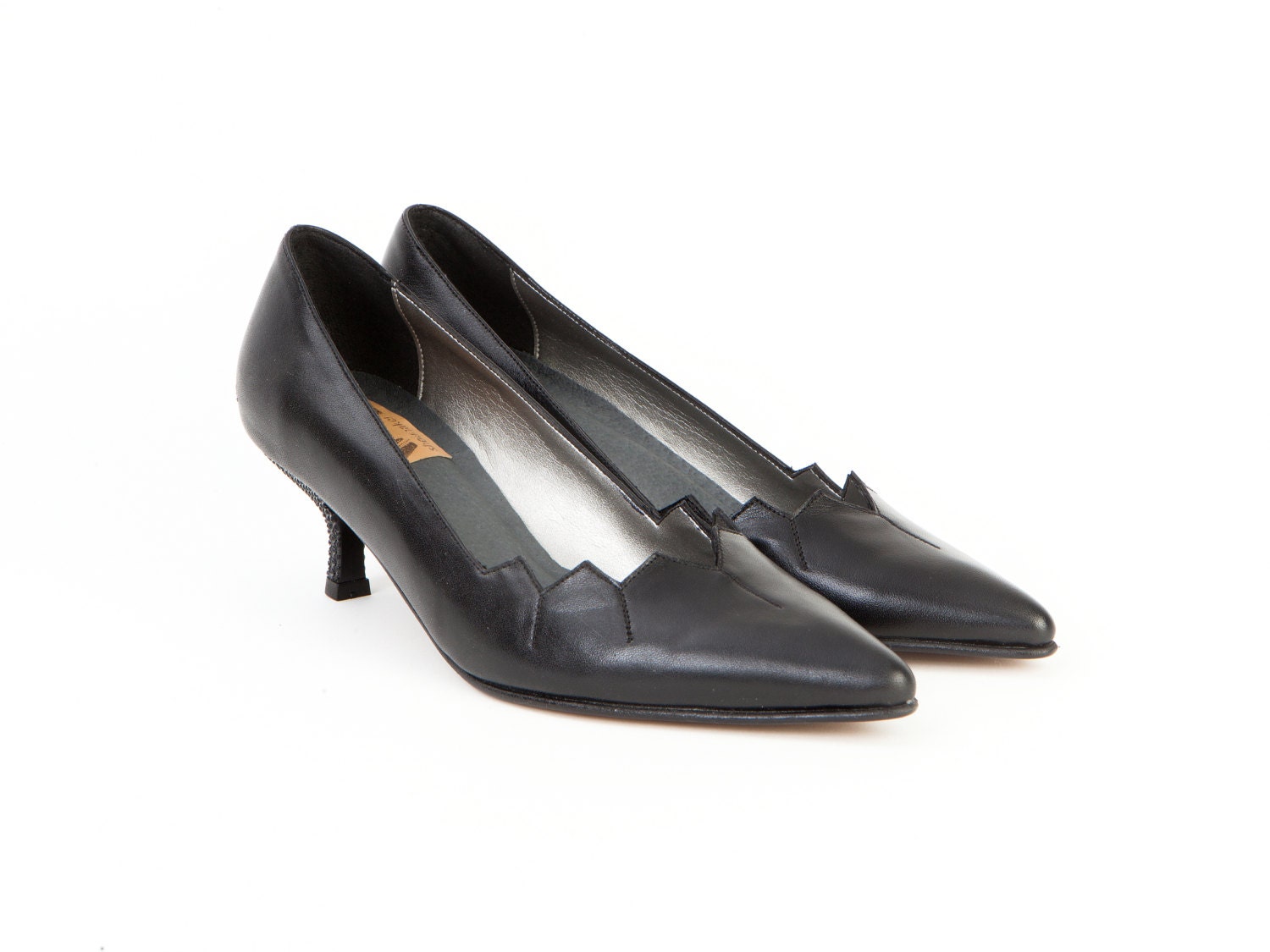 Grace Kelly Womens Leather Shoes Black Pumps Low Kitten Heels