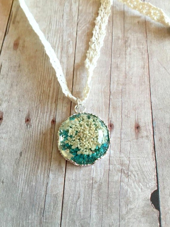 Flower Necklace Dried Flowers Pendant Necklace by MysticGemz