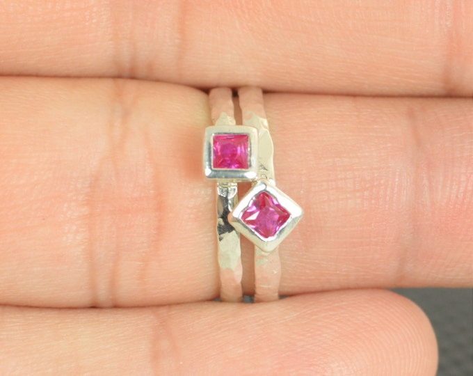 Square Ruby Ring, Ruby Solitaire, Ruby Silver Ring, July Birthstone Ring, Square Stone Mothers Ring, Silver Band, Square Stone Ring