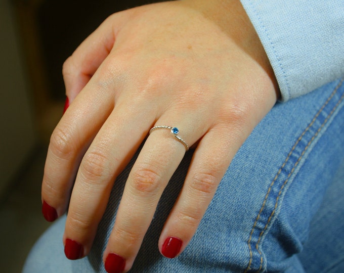 Wave Ring, Silver Wave Ring, Blue Zircon Mothers Ring, December Birthstone Ring, Silver Twist Ring, Unique Mother's Ring, Blue Zircon Ring