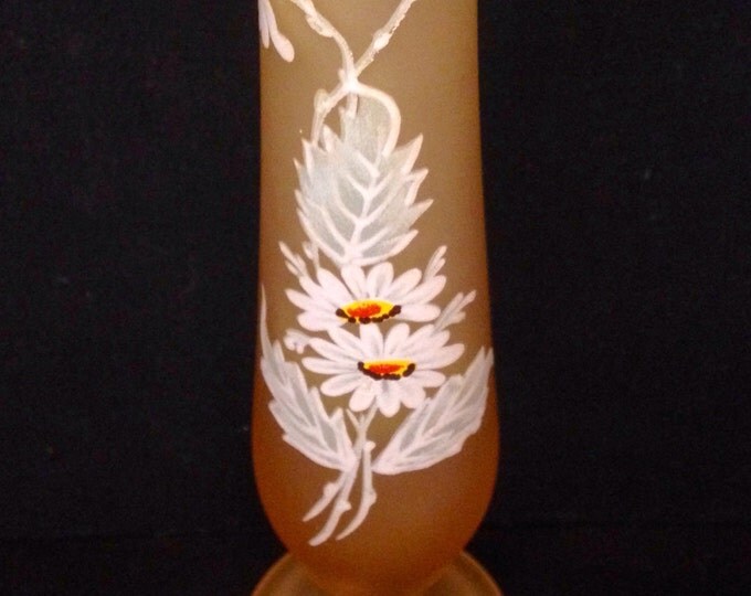 Storewide 25% Off SALE Vintage Westmoreland Handmade Yellow Satin Tall Frosted Glass Bud Vase Featuring Hand Painted White Flowers