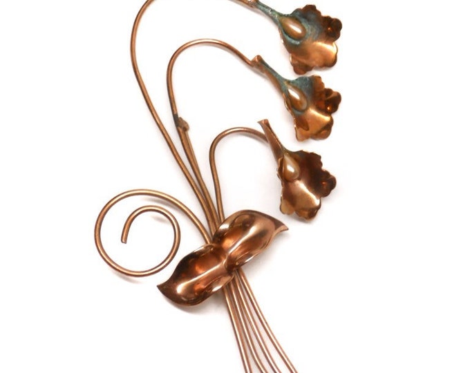 Storewide 25% Off SALE Enormous Vintage Artisan Copper Lilly Bouquet Cocktail Brooch Featuring Solid Copper Design With Wire Stem And Leaf A