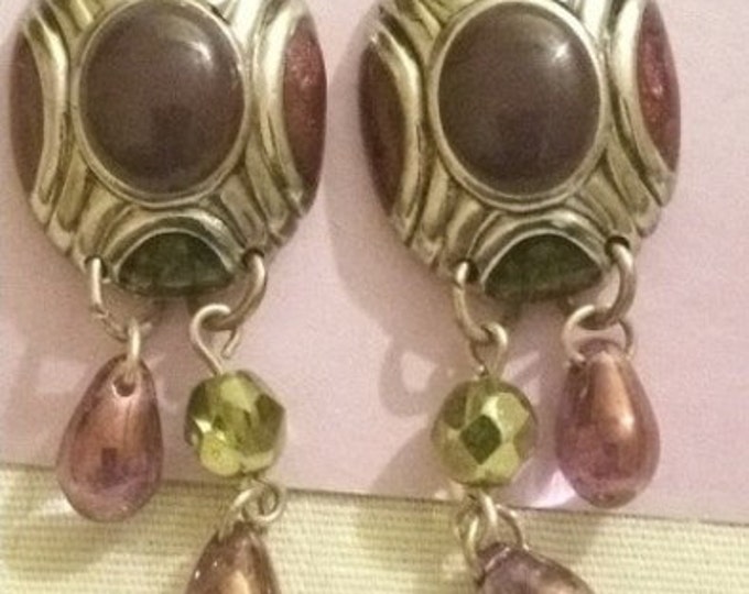 Storewide 25% Off SALE Vintage Silver Tone Lavender Beaded Designer Pierced Earrings Featuring Pink & Green Design Accents