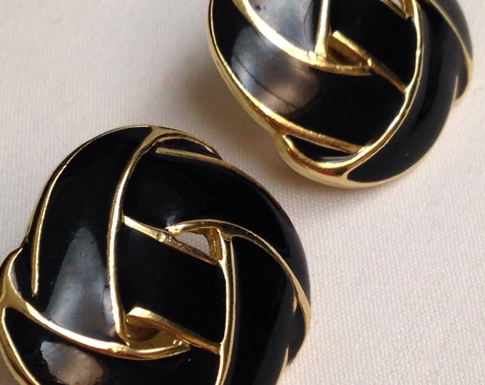 Storewide 25% Off SALE Vintage Gold Tone Black Enamel Knotted Designer Pierced Earrings Featuring Interconnected Design