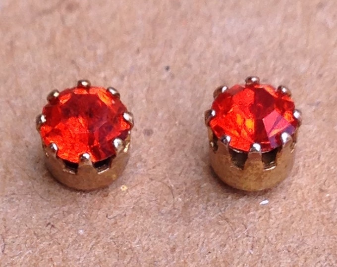 Storewide 25% Off SALE Vintage Gold Tone Fire Orange Rhinestone Designer Stud Earrings Featuring Petite Style Design
