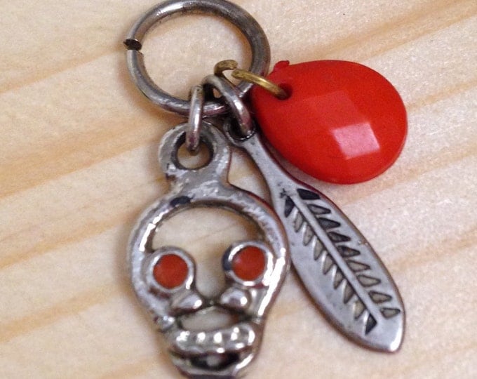 Storewide 25% Off SALE Vintage Silver Tone Native American Scull & Feather Accented Designer Bracelet Charm Featuring Eclectic Red Enamel In