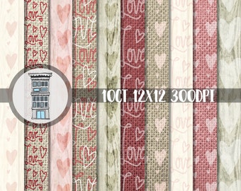 Digital Rustic Valentine Paper Pack INSTANT DOWNLOAD Scrapbook Love Hearts With Wood And Burlap Digital Rustic Valentine Paper Pack INSTANT DOWNLOAD Scrapbook Love Hearts With Wood And Burlap