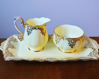 Vintage Royal Albert Cream and Sugar set plus underplate in Pale Yellow and Gold Painted Bone China, made in England