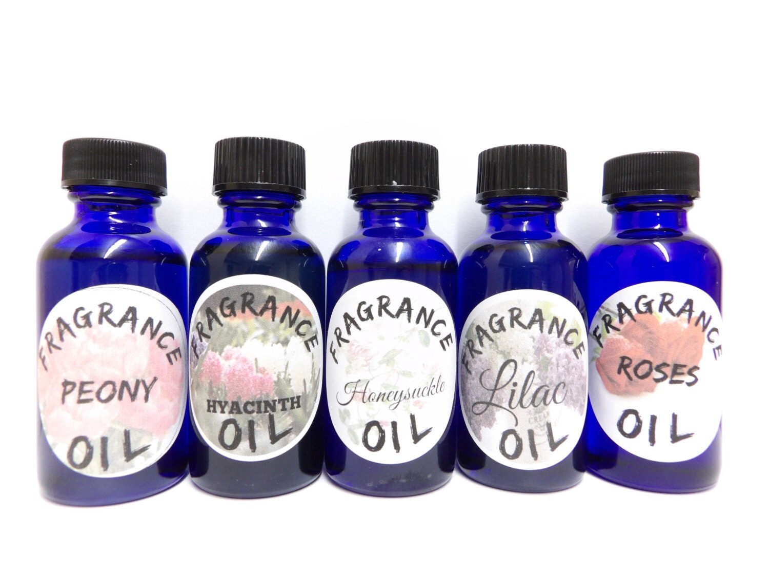 5 1 ounce Blue Glass Bottles of Skin Safe Fragrance Oil