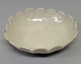 White lace serving bowl, Limited edition, Large bowl, Lace imprint, Scalloped edge, elegant, classy, cream detail, Dining room