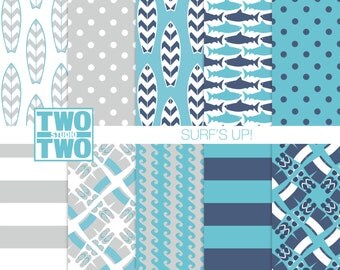 Surfing Digital Paper: "SURF'S UP!" with Surfboard and Waves Patterns for Party Invitations, Nursery Decor, Beach Wall Art