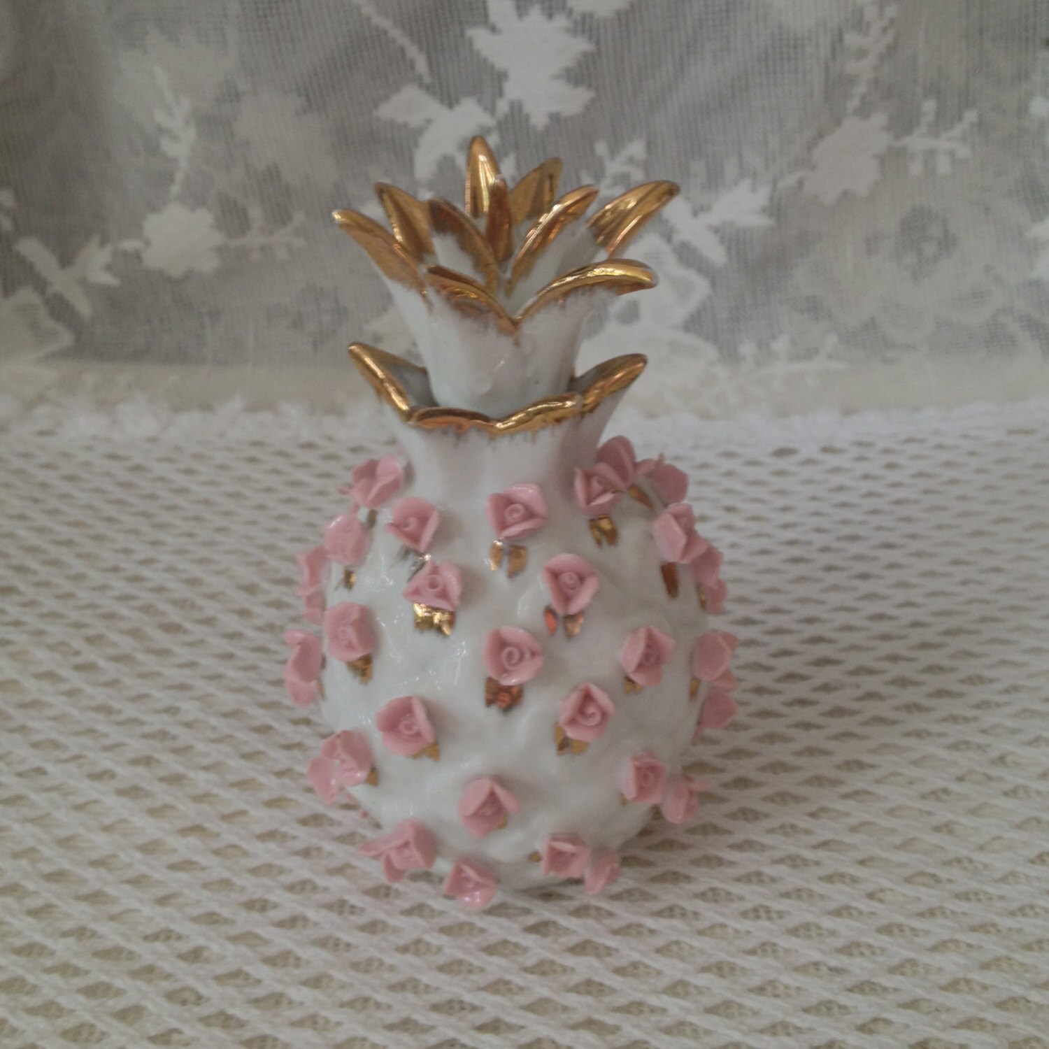 Lefton Porcelain Pineapple Perfume Bottle Applied Pink Roses