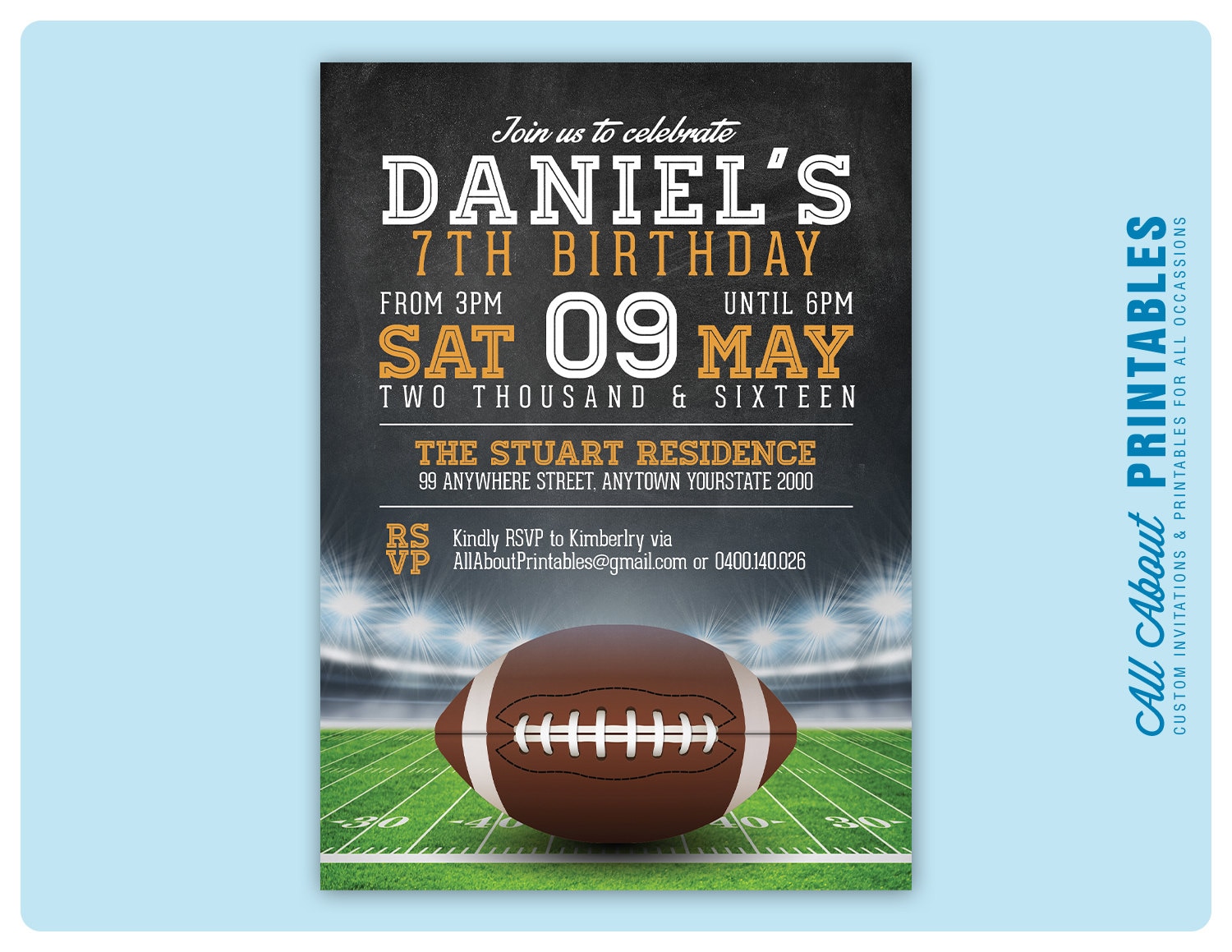 Football Birthday Invitation. Boy or Girl Football Theme