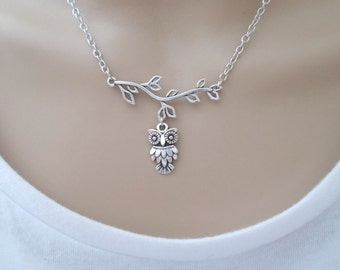silver owl necklace branch necklace silver jewellery silver necklace bird jewellery charm necklace handmade jewellery fashion necklace gift