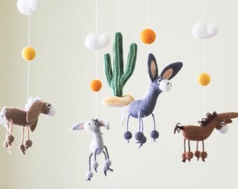 Needle Felted Baby Mobile, Donkey Baby mobile, Western Baby Crib Mobile, Nursery Decor, Baby Shower Gift