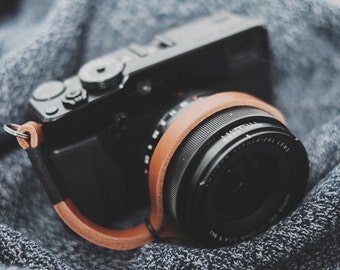 Leather Camera Wrist Strap, Black on Tan Leather camera strap, camera strap, leather wrist strap, tan camera strap, thin wrist strap