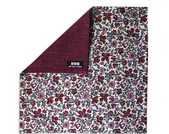 Reversible Pocket Square Floral Burgundy - Liberty of London - Burgundy, Maroon, Purple, Ivory, Grey Pocket Square