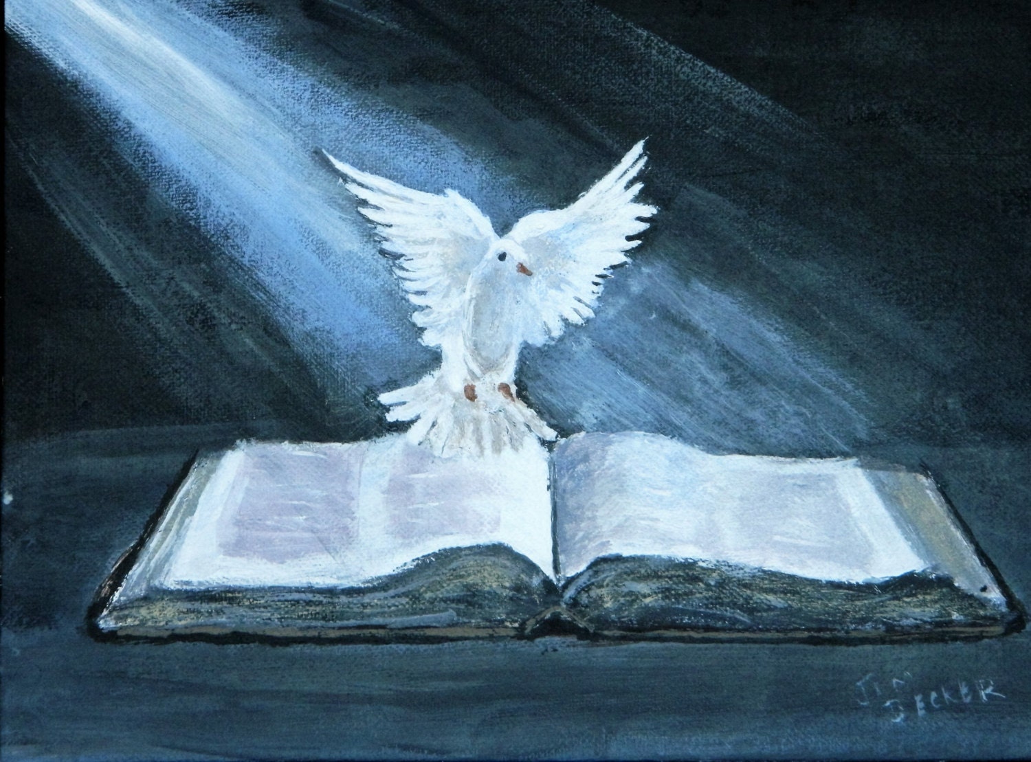 BIBLE PAINTING Dove landing on the Bible Holy Spirit