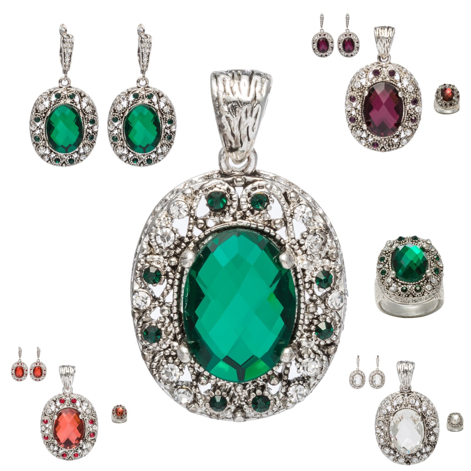 HEH00297 Purple Statement jewelry set pendant earring ring