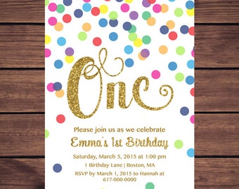 Rainbow Gold 1st Birthday Invitation Girl, Any Age Rainbow Dots and Gold Girl First Confetti Birthday Invitation, Polka Dot Printable 852