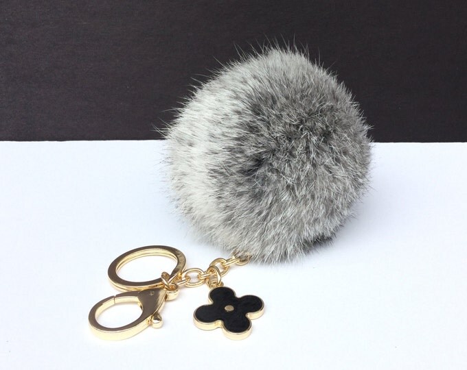 Limited Edition "very grey" Rabbit fur pom pom keychain or bag pendant with flower keychain gold edition