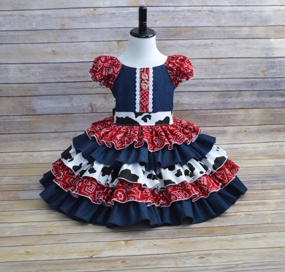Girls Cowgirl Dress, Western Dress, Pageant Dress, Denim Bandana and Cow Print Dress, Pageant Western Wear, Made to Order