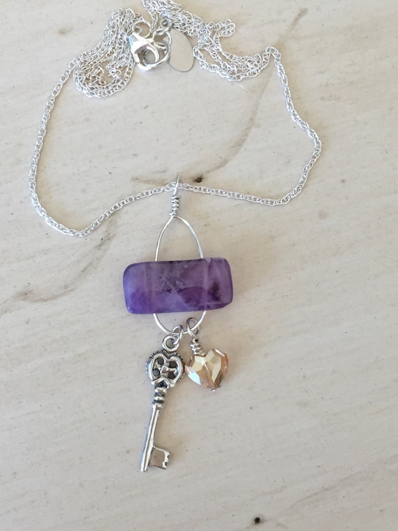 Sterling Silver Key and Dog Teeth Amethyst Pendant Necklace