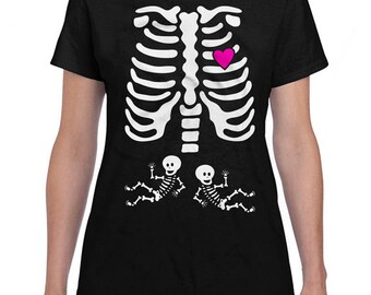 Twin Pregnant Halloween Costume Pregnant Skeleton Shirt Maternity Skeleton T Shirt Unisex Twins Pregnancy Announcement Shirt Ladies SPT-04