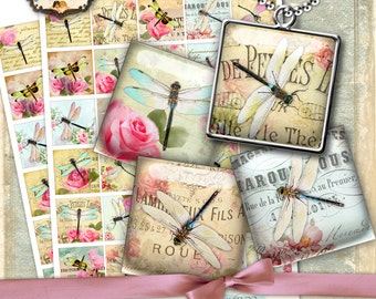 DRAGONFLY Digital printable 1.5 inch square sheets digital images - insect paper goods chic vintage pendant craft - instant download - qu477