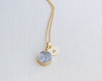 Gold Initial Necklace & Grey Druzy Gem, Druzy Necklace, Personalised Jewellery, Bridesmaid Necklace, Personalised Gift