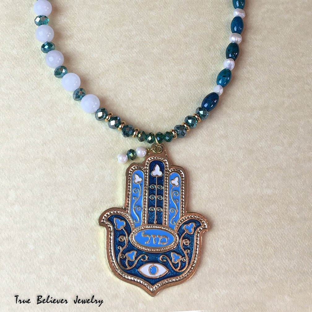 Long Hamsa Necklace Beaded Enameled Hamsa Necklace