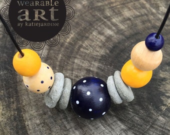 It mustard been love - Hand painted beaded necklace - navy white spots - cement beads - mustard
