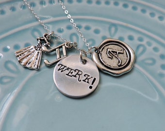 Hamilton Necklace, The Schuyler Sisters, WERK! or WORK! Broadway Musical Lyrics, Angelica, Eliza, Handstamped, Sterling Silver, Gift for Fan