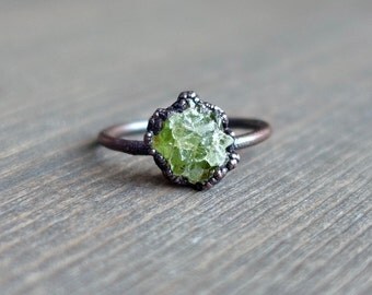 Raw peridot ring, Raw ring, Raw crystal ring, Peridot jewelry, Electroformed ring, Raw stone ring, raw mineral ring, peridot ring